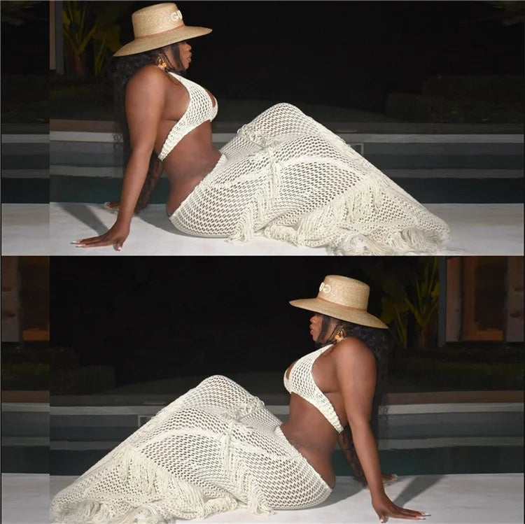 Conjunto de Praia em Croché Rendado (Top + Saia Longa)