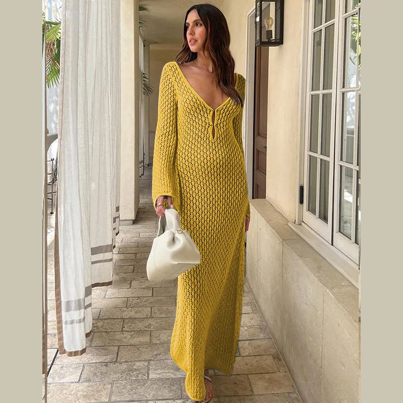 Vestido Longo de Praia em Malha com Botões