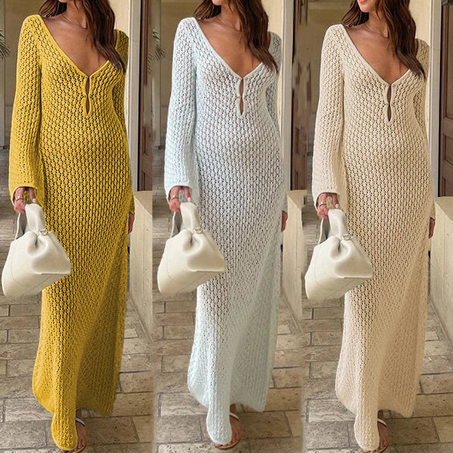 Vestido Longo de Praia em Malha com Botões