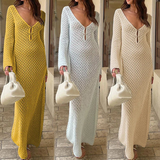 Vestido Longo de Praia em Malha com Botões