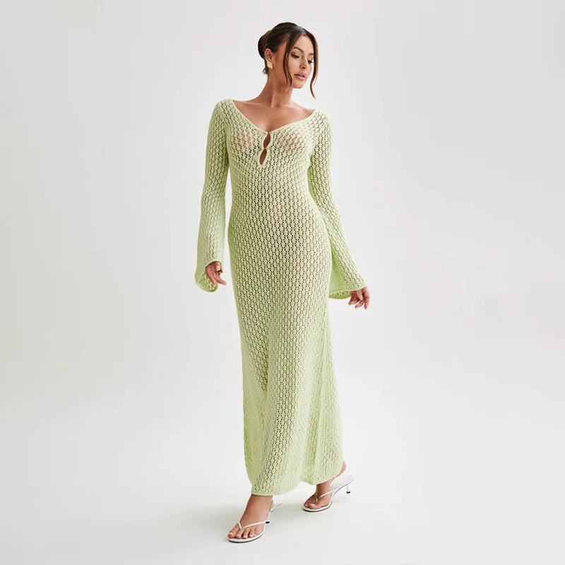 Vestido de Praia em Malha Rendada com Decote em V