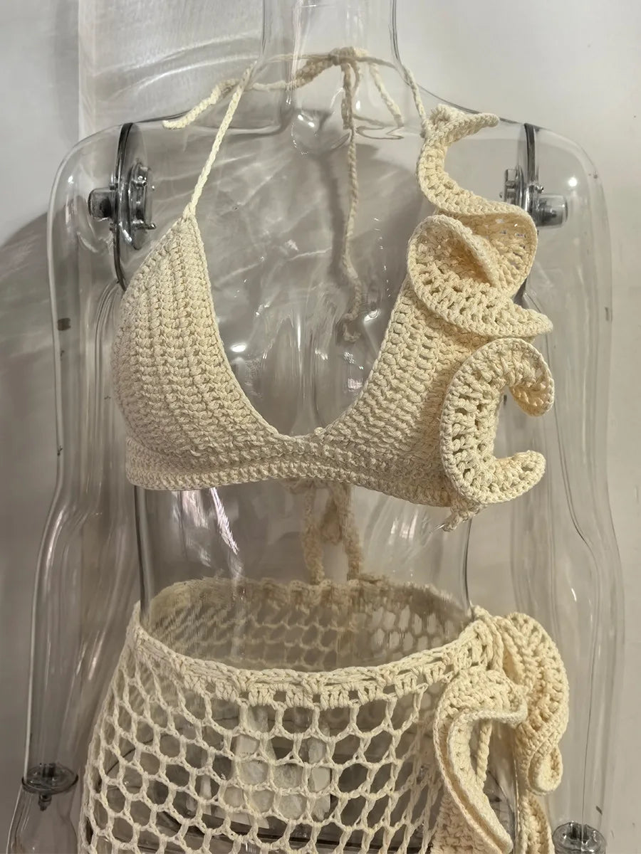 Conjunto de Praia em Croché com Saia Pareo de Folhos