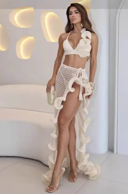 Conjunto de Praia em Croché com Saia Pareo de Folhos