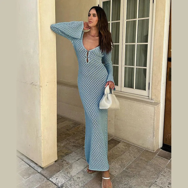Vestido Longo de Praia em Malha com Botões