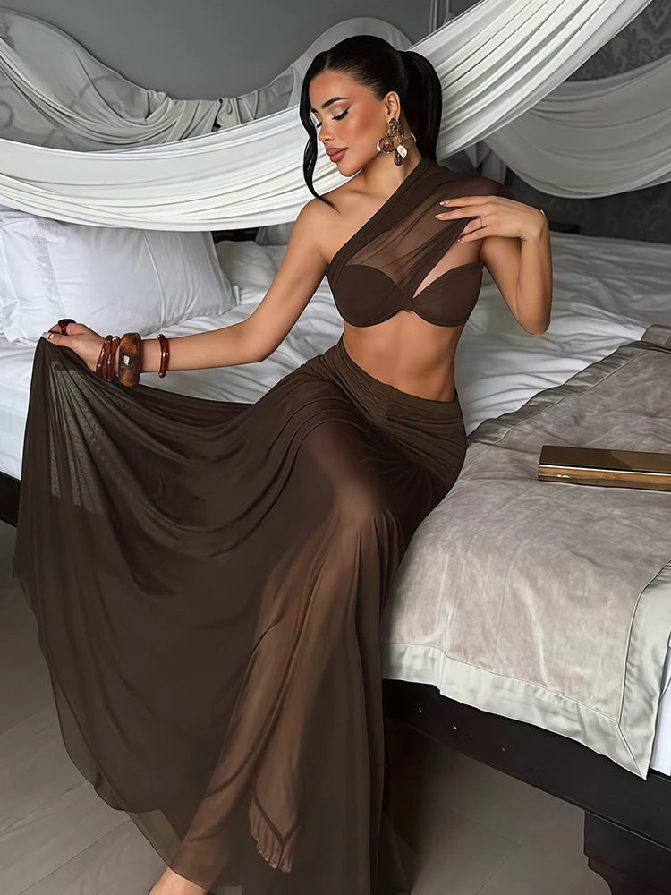 Conjunto Transparente de Saia Longa e Top Drapeado