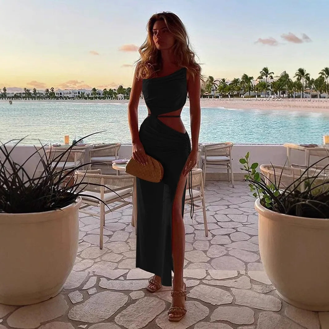 Vestido Longo Assimétrico com Recortes na Cintura