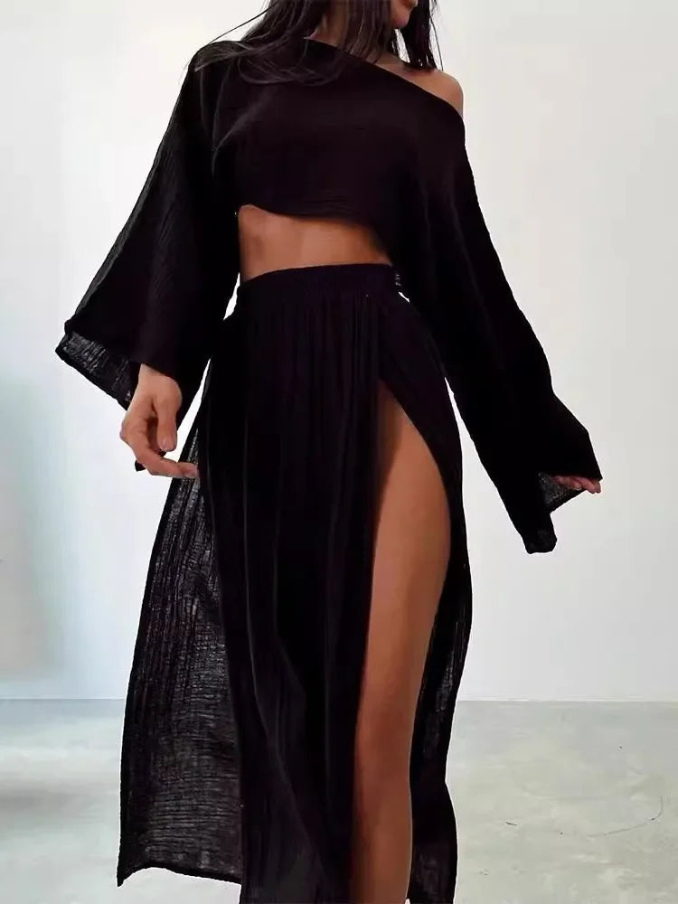 Conjunto de Saia com Fenda e Top Manga Boca de Sino