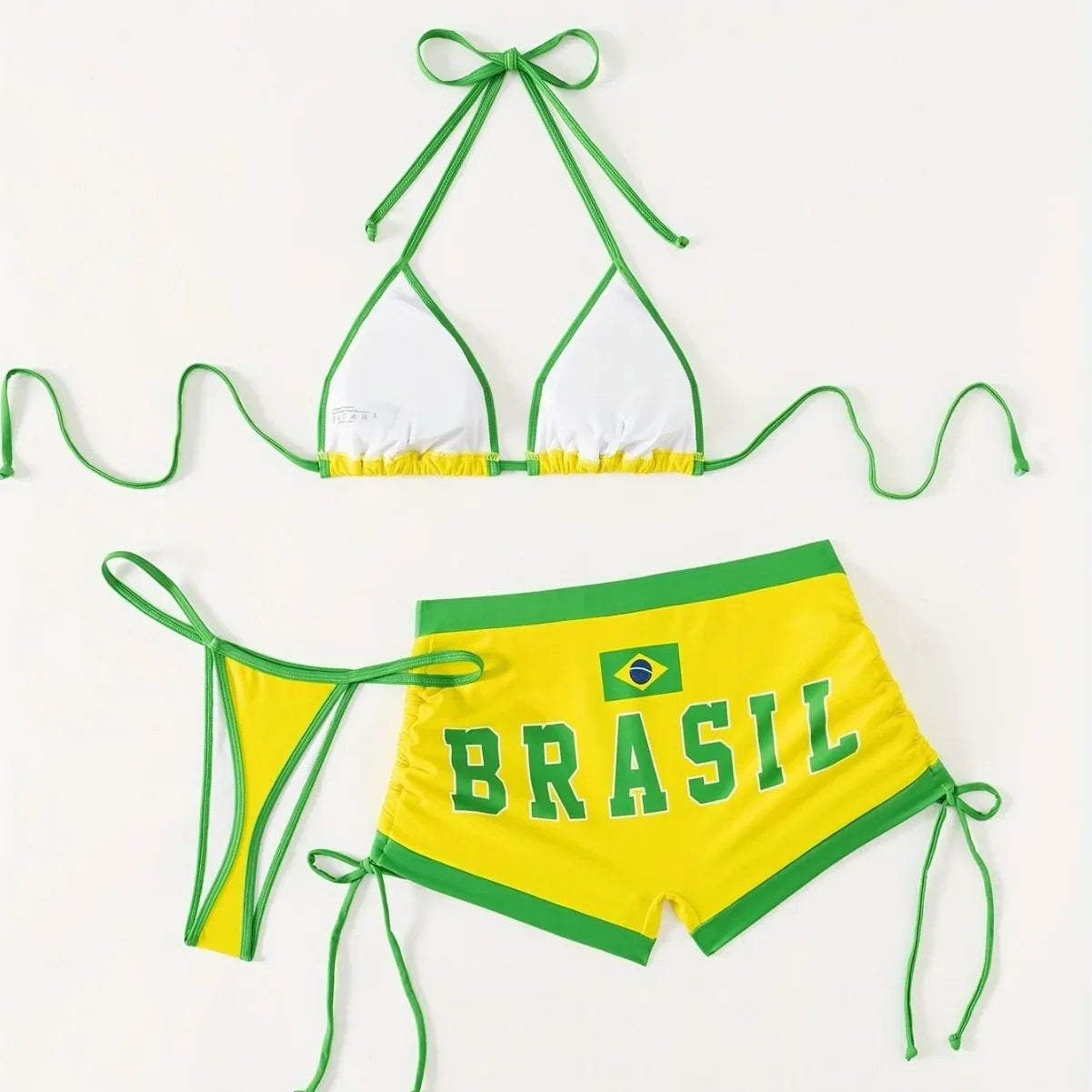 2026 nova bandeira do brasil biquíni conjunto de três peças sexy bloco de cor alto desempenho econômico estilo sexy maiô conjunto