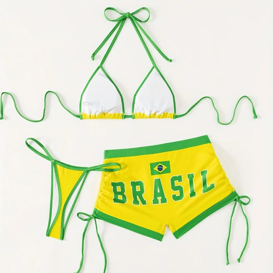 2026 nova bandeira do brasil biquíni conjunto de três peças sexy bloco de cor alto desempenho econômico estilo sexy maiô conjunto