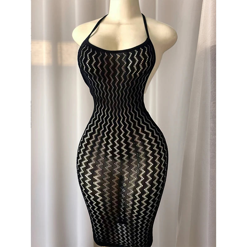 Vestido Justo Transparente em Malha de Ziguezague