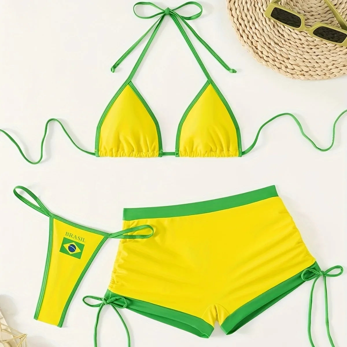 2026 nova bandeira do brasil biquíni conjunto de três peças sexy bloco de cor alto desempenho econômico estilo sexy maiô conjunto