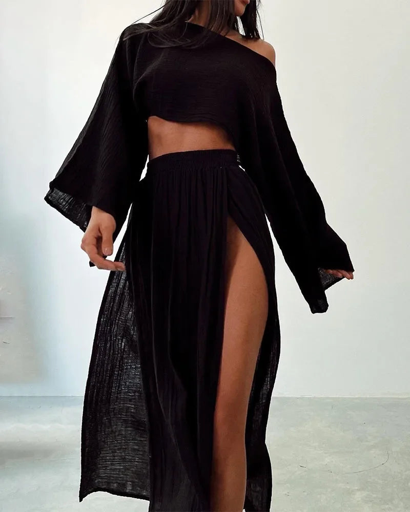 Conjunto de Saia com Fenda e Top Manga Boca de Sino
