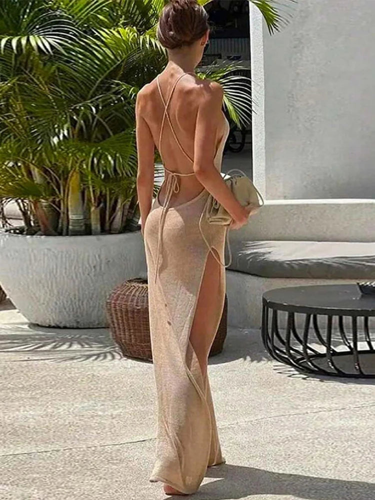 Vestido Longo Feminino de Tricô Sem Costas com Fenda Alta e Renda Transparente, Sexy e Justo, para Verão, Praia e Férias
