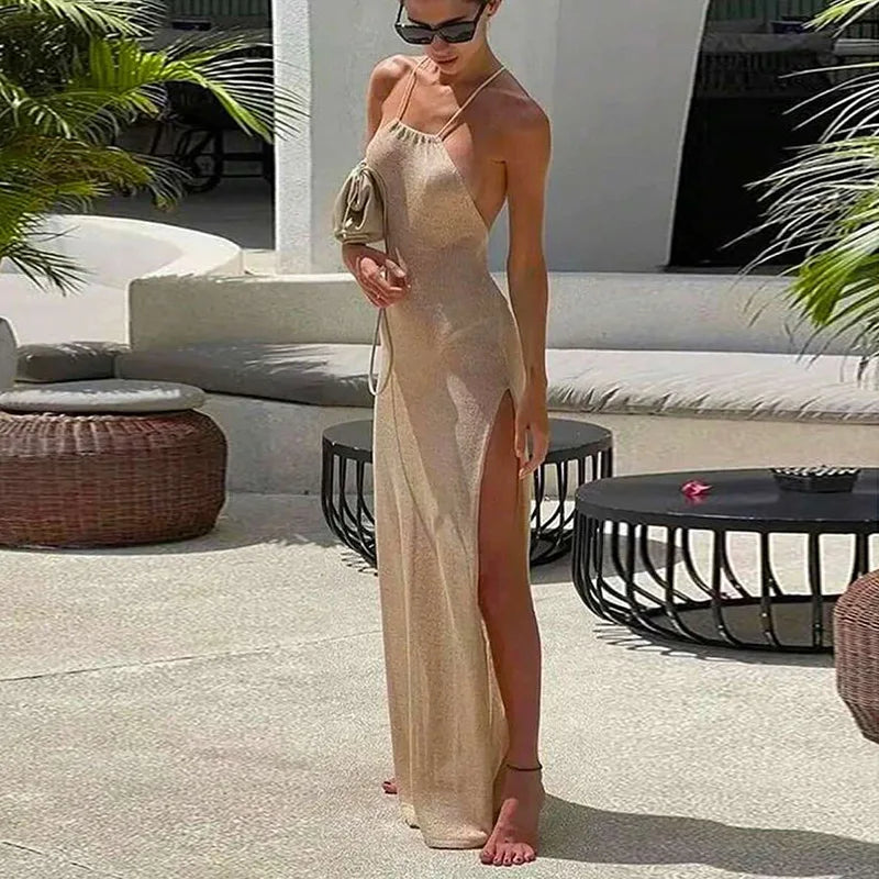 Vestido Longo Feminino de Tricô Sem Costas com Fenda Alta e Renda Transparente, Sexy e Justo, para Verão, Praia e Férias
