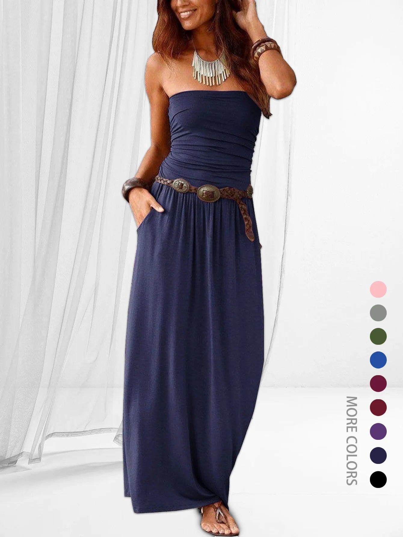 Vestido Longo Atenas Cai-Cai com Cinto