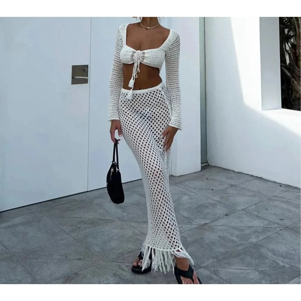 Conjunto de Praia em Croché com Saia de Franjas