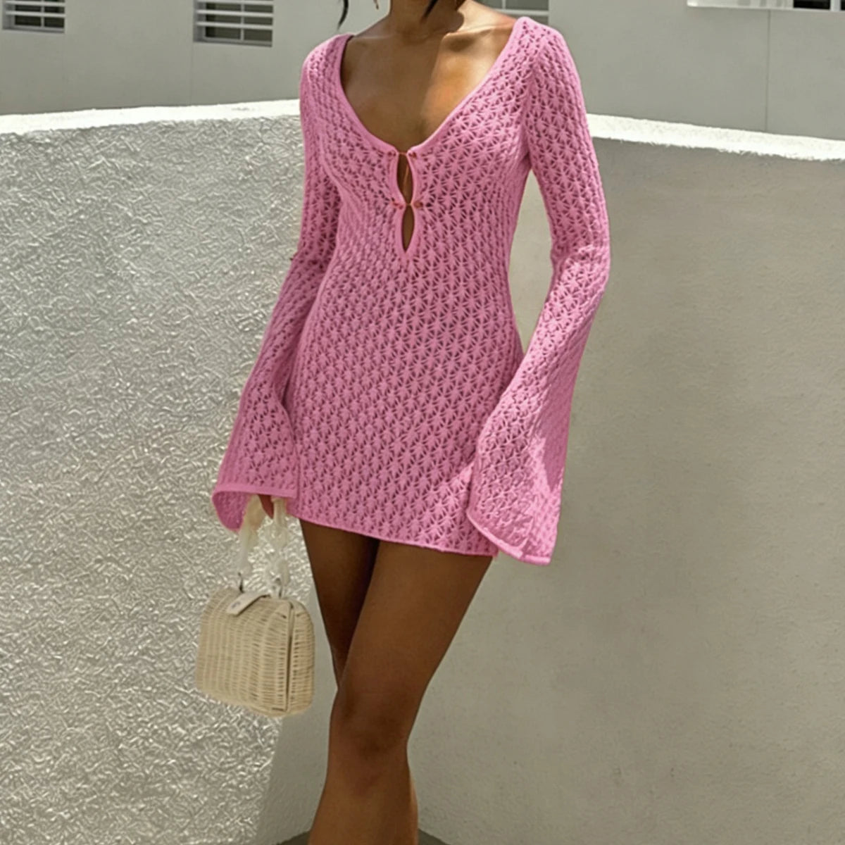 Vestido de Praia Tricotado Elegante, Vestido Curto Sexy com Textura Vazada e Ajuste Justo, Estilo de Férias para Primavera e Outono