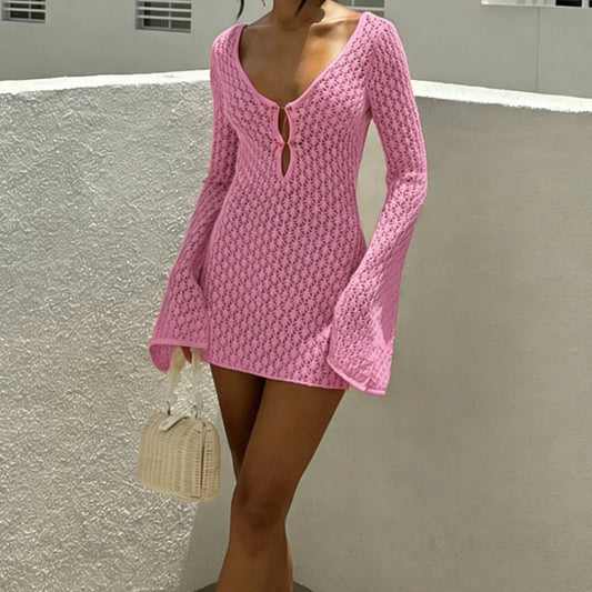 Vestido de Praia Tricotado Elegante, Vestido Curto Sexy com Textura Vazada e Ajuste Justo, Estilo de Férias para Primavera e Outono